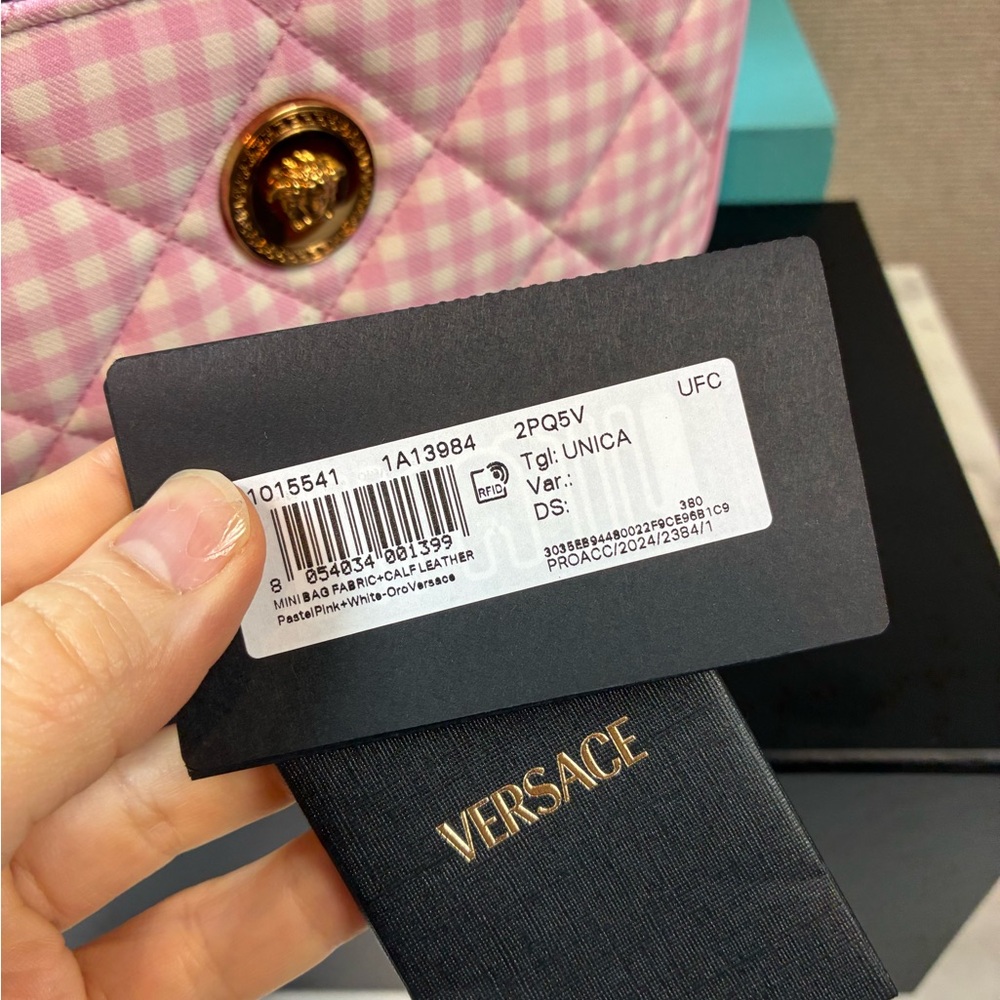 NWT Authentic Versace Pink & White Plaid Fabric Shoulder Bag w/ Dustbag & Box - Picture 12 of 12